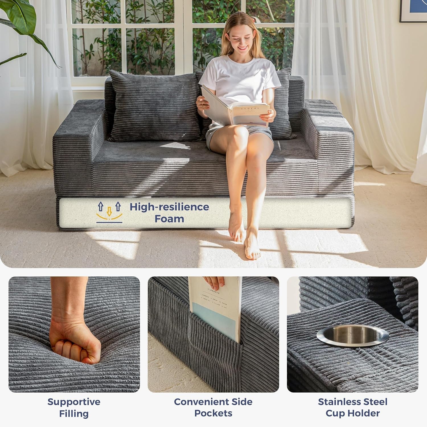 sofa-bed-64-inch-boneless-loveseat-with-2-cup-holders