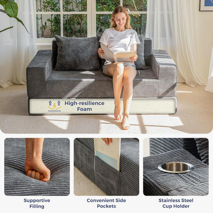 Sofa Bed, 64-Inch Boneless Loveseat with 2 Cup Holders7