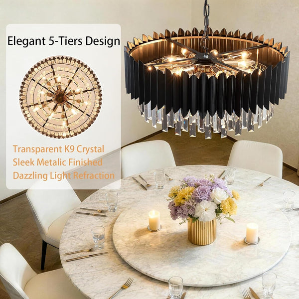 Black Crystal Chandelier 23.62'' K9 Crystal round Pendant Lights Adjustable 5-Tier Large Modern Crystal Chandelier for Dining Room Living Room Kitchen Island Bedroom Foyer Entryway2