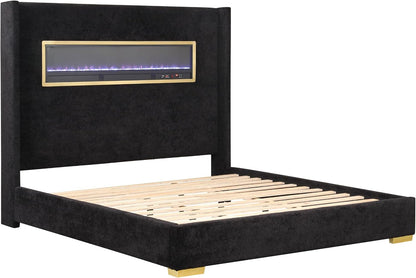 Calliope Modern Boucle Bed Frame with 3D Fireplace Headboard, Bluetooth Speaker and USB Slot, Upholstered Bedframe, No Box Spring Required for Home, Bedroom, Queen, Black11
