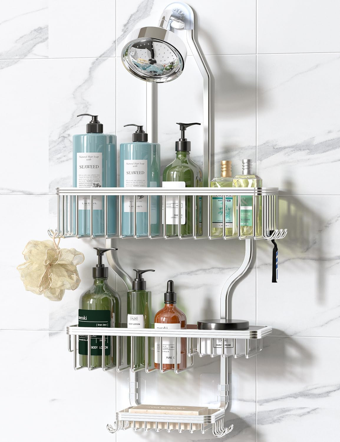never-rust-shower-caddy-hanging-aluminum-shower-racks-for-inside-shower-3-tier-shower-organizer-hanging-over-shower-head-with-hooks-and-soap-holder-silver
