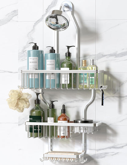 Never Rust Shower Caddy Hanging, Aluminum Shower Racks for inside Shower, 3-Tier Shower Organizer Hanging over Shower Head with Hooks and Soap Holder, Silver1