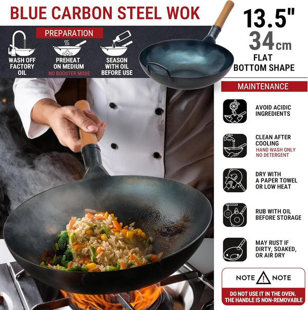 13.5” Blue Carbon Steel Wok Pan + 17’’ Spatula and Ladle + Premium Wok Cover 13.5 Inch Pan Lid3