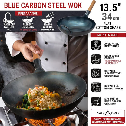 13.5” Blue Carbon Steel Wok Pan + Pre-Seasoned Blue Carbon Steel 17-Inch Spatula and Ladle + Premium Wok Cover 13.5 Inch Pan Lid3
