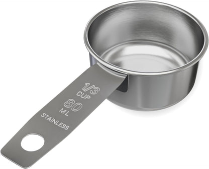 1/3 Cup Stainless Steel Measuring Cup | Sturdy Metal 80 Ml | 80 Cc | 3 Oz | Single Cup for Wet and Dry Ingredients | Great for Use as 1/3 Cup Dog Food Scoop - 1 PK1