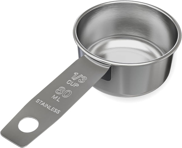 1/3 Cup Stainless Steel Measuring Cup | Sturdy Metal 80 Ml | 80 Cc | 3 Oz | Single Cup for Wet and Dry Ingredients | Great for Use as 1/3 Cup Dog Food Scoop - 1 PK1