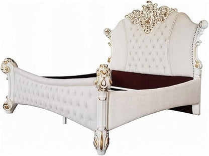 King Size Bed, Ivory Faux Leather Upholstery, Victorian Rococo Carved Wood Frame, Antique Pearl White Finish, Button-Tufted Headboard, Low-Profile Footboard, Regal Master Bedroom1