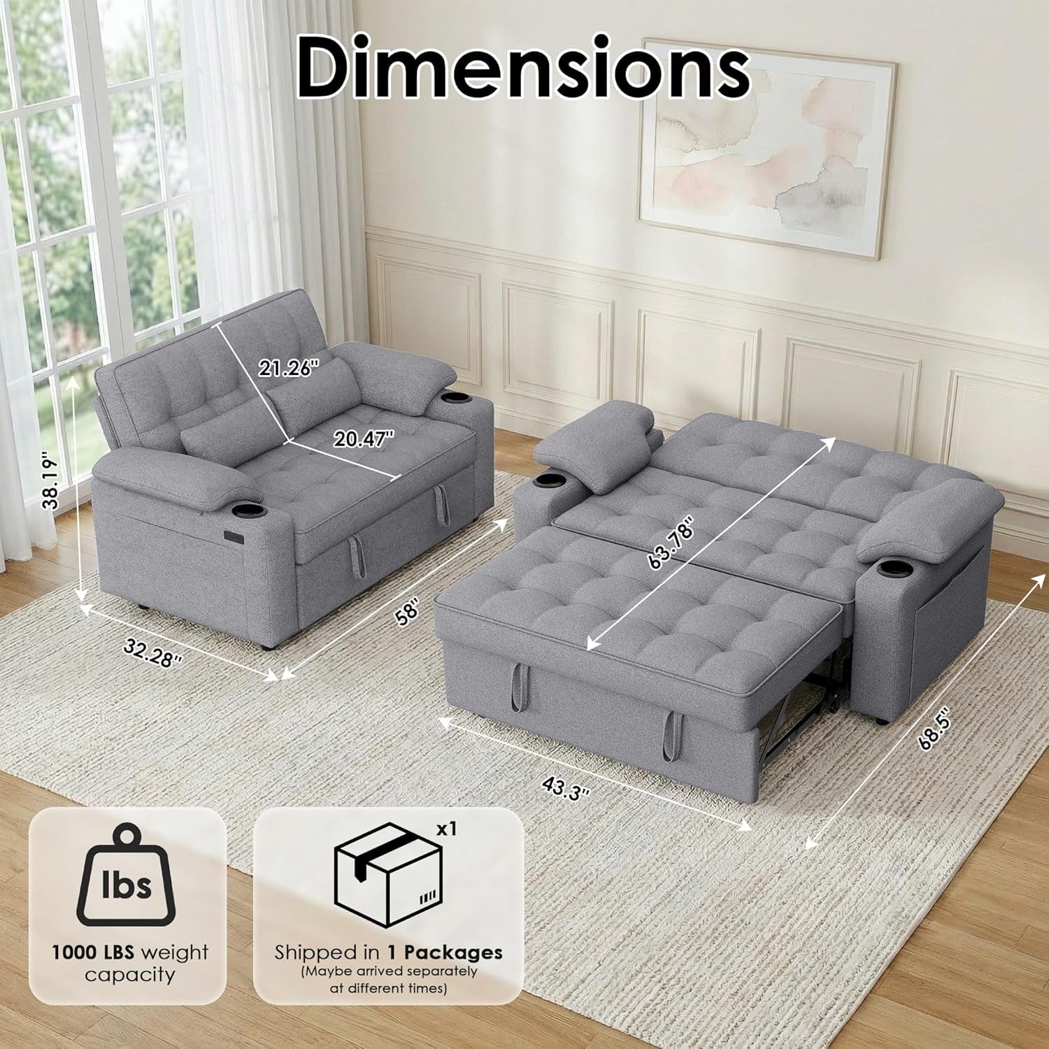 58-convertible-sofa-bed-with-usb-charger-and-cup-holders-teddy-fabric-loveseat-pull-out-couch-with-adjustable-backrest-and-side-pocket-for-small-spacegrey