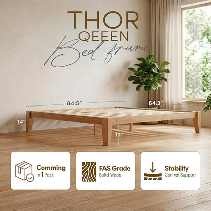 Thor Premium Solid Wood Bed Frame Queen, Japanese Joinery Bed Frame with Wood Slat Support, Platform Bed, No Box Spring Needed, Easy Assembly, Minimalist & Modern Style (Light Brown)6