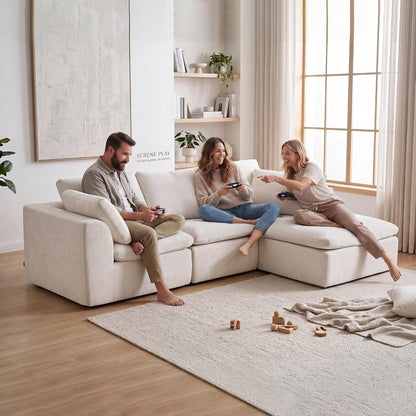 110" Boneless Sectional Couch, L-Shaped Modular Cloud Sofa for Living Room, Non-Slip 3 Seater with Ottoman, Washable Covers & Stay-Put Velcro, Cream8