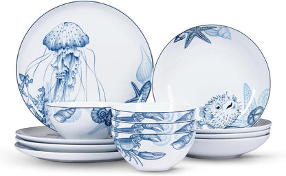Minh Long 12-PCS Porcelain Coastal Dinnerware Set, Plates, Bowls, Service for 4, Chip & Scratch Resistant, Oven Safe up to 482°F, Non Toxic, Lead & Cadmium Free, Stackable, Dishwasher & Microwave Safe1