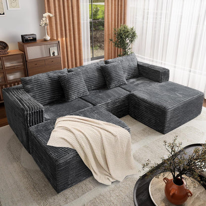 110 Corduroy Modular Sectional Boneless Sofa with 2 Ottomans, Convertible Cloud Couch with Deep Seats, Fluffy Memory Foam U Shaped Couch for Living Room, No Assembly Required (Gray)1