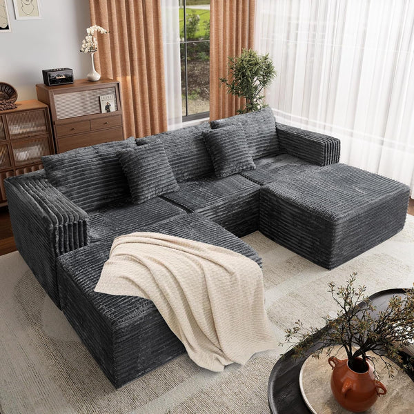 110 Corduroy Modular Sectional Boneless Sofa with 2 Ottomans, Convertible Cloud Couch with Deep Seats, Fluffy Memory Foam U Shaped Couch for Living Room, No Assembly Required (Gray)1