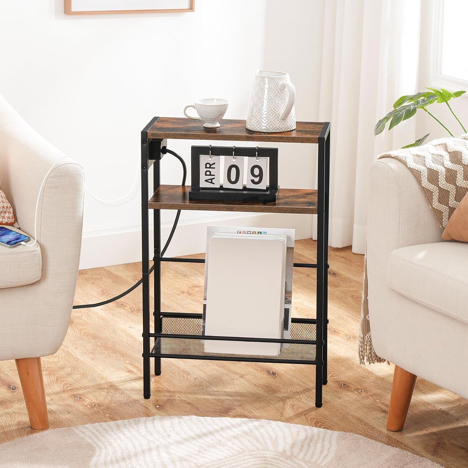 small-narrow-side-table-with-charging-station-skinny-end-table-for-small-spaces-slim-nightstand-with-usb-ports-outlet-sofa-beside-table-with-storage-shelf-rustic-brown-and-black-bf102ubz01
