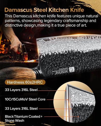 7.3 Inch Vegetable Cleaver Knife,10Cr15Comov Steel Core Forged Damascus Steel,Sharp Slicing Knife for Home Kitchen and Restaurant,Ergonomic White Oak + Red G10 Gasket Handle2
