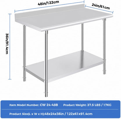 Stainless Steel Prep Table 24 X 48 Inches with Backsplash | NSF Certified Work Table with Backsplash and Adjustable Undershelf for Kitchen, Garage, Restaurant and Hotel2