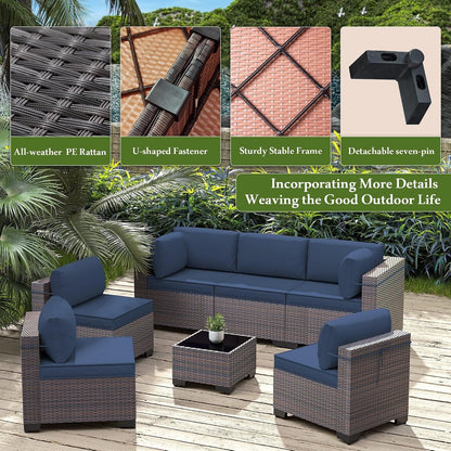 13 Pieces Outdoor Patio Furniture Set,Outdoor Sectional Furniture with 43" 55000 BTU Gas Propane Fire Pit Table,Pe Rattan Wicker Patio Conversation Set with 10 Thickened Cushions,Navy Blue5