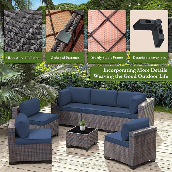 13 Pieces Outdoor Patio Furniture Set,Outdoor Sectional Furniture with 43" 55000 BTU Gas Propane Fire Pit Table,Pe Rattan Wicker Patio Conversation Set with 10 Thickened Cushions,Navy Blue5
