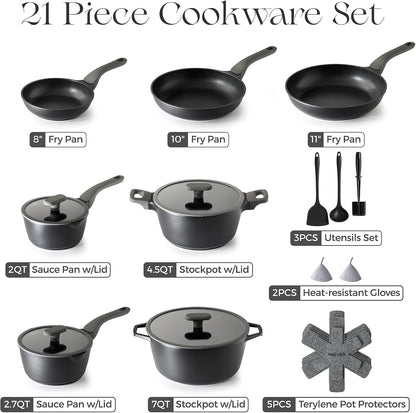 Pots and Pans Set Nonstick, 21Pcs Induction Compatible, Stay Cool Handle, Fully Coated, 100% Dishwasher Safe, PFOA Free Omelet Pans, Warp Resistant (Black Sesame)2