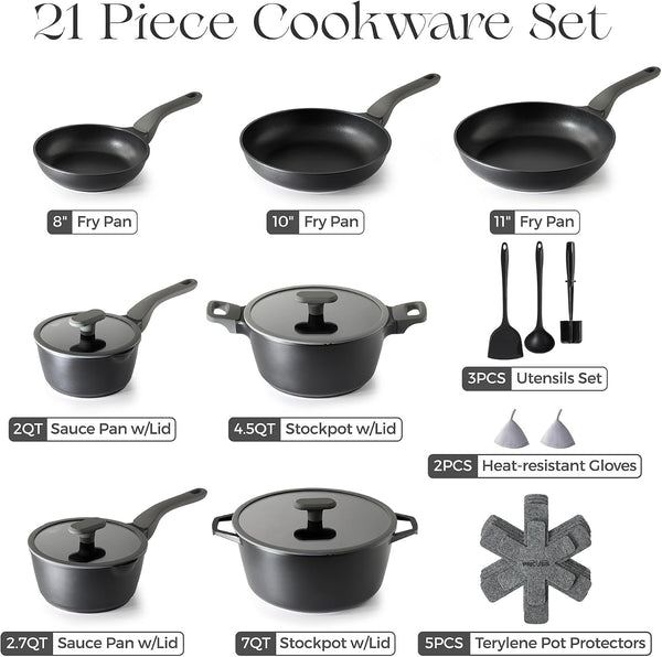 Pots and Pans Set Nonstick, 21Pcs Induction Compatible, Stay Cool Handle, Fully Coated, 100% Dishwasher Safe, PFOA Free Omelet Pans, Warp Resistant (Black Sesame)2