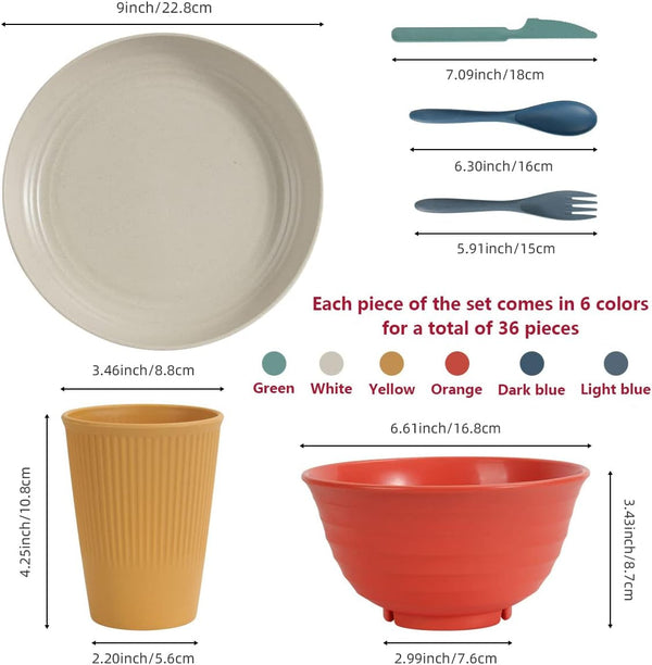 Wheat Straw Dinnerware Sets 36 Piece Unbreakable Dinnerware Sets, Reusable Wheat Straw Plates and Bowls Sets, Travel Camping Cutlery Set, Dishwasher Microwave Safe Dinnerware Colourful2