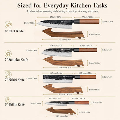 Kitchen Knife Set with Individual Wooden Blocks, 4 Japanese Knives with Walnut Edge Guards, High Carbon Steel Blades, for Meat, Fruits, Vegetables, Dynasty Series8