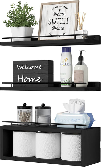 Floating Shelves for Wall with Cube Shelf, Wall Shelves with Metal Rail for Bathroom Decor, Bathroom Organizers and Storage, over Toilet Shelves for Toilet Paper-Black1