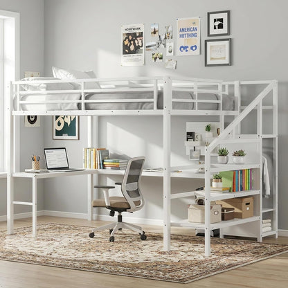 Twin XL Loft Bed with L-Shaped Desk and Storage Stairs, Metal Loft Bed with Wardrobe and USB Charging Station, High Loft Bed with LED Lights for Kids Teens Adults (White, Twin XL)1