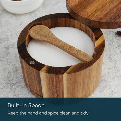 Acacia Wood Salt Cellar Bowl Box with Built-In Spoon to Avoid Dust, Elegant Kitchen Salt Container Holder with Swivel Magnetic Lid to Storage Pepper Spice Bath Salt Sea Salt, 6OZ4