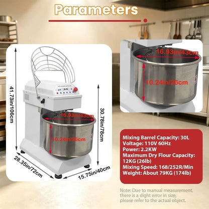 30QT Commercial Electric Dough Stand Mixer Kneading Machine 2200W | Industrial 110V Stainless Steel Dough Flour Mixing Machine, Bread Kneader Dual Speed,Intelligent Control, 26LB Dry Flour4
