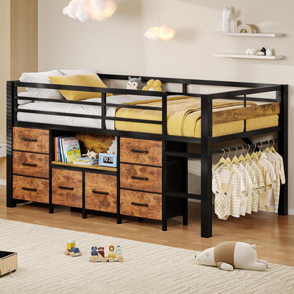 Low Loft Bed Twin Size with 8 Storage Drawers, Twin Loft Bed with Bookcase, Metal Kids Loft Bed with 13" H Safety Guardrail, Under-Bed Play Space and Play Curtain for Kids, Rustic Brown1