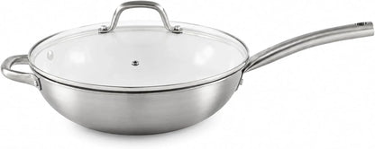 12 Inch 2 Ply Aluminum Ceramic Wok with Glass Lid, Gray | Ceramic Nonstick Interior, 2 Ply Construction, Long and Helper Handles, Ideal for Fried Rice, Noodles and Everyday Cooking1