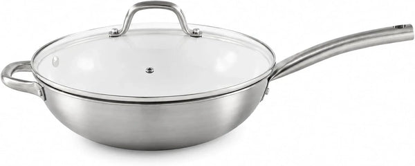 12 Inch 2 Ply Aluminum Ceramic Wok with Glass Lid, Gray | Ceramic Nonstick Interior, 2 Ply Construction, Long and Helper Handles, Ideal for Fried Rice, Noodles and Everyday Cooking1