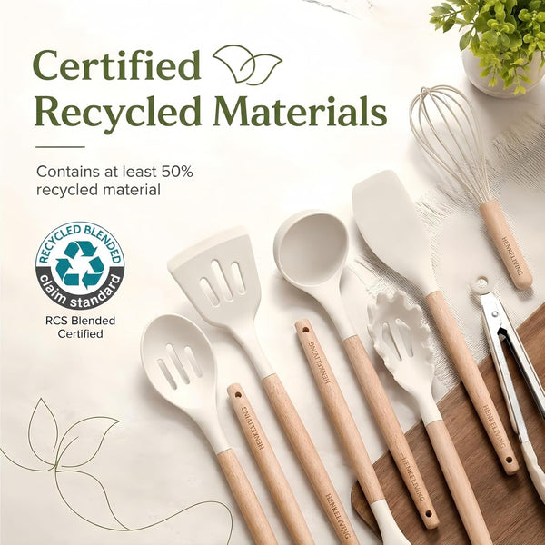 Silicone 10 Pcs Kitchen Cooking Utensils Set, Recycled Materials Certification, BPA Free Spatula Set with Heat Resistant Wood Handles for Nonstick Cookware, Cream White7