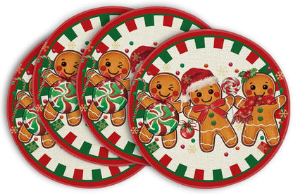Gingerbread Candy Cane Merry Christmas round Placemats Set of 4, 14 Inch Winter round Table Mats for Dining Decoration1