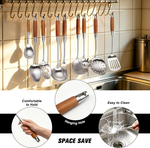 18/10 Stainless Steel Cooking Utensils Set Wooden Handle, 14" Metal Kitchen Utensil & Wok Tools, 11Pcs Cooking Spoon Set with Tongs4