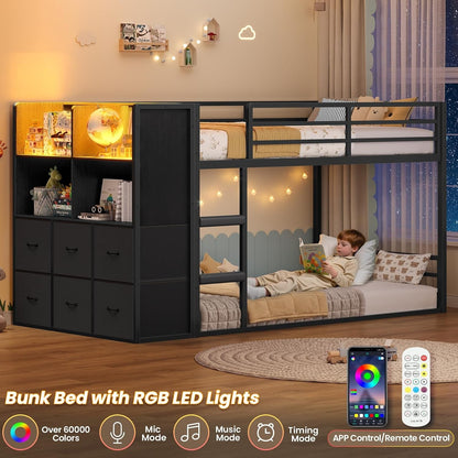 Low Twin over Twin Bunk Bed with 6 Storage Drawers, LED Lights3