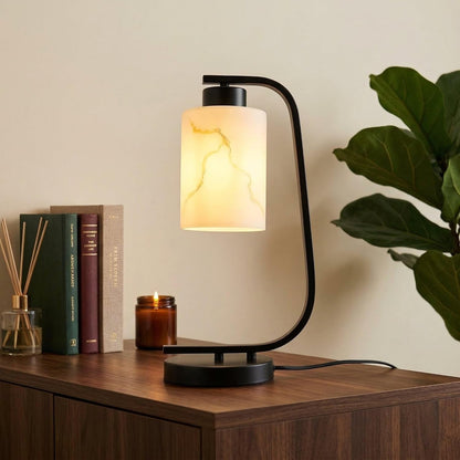 Modern Industrial Table Lamp, Marble Pattern Glass Shade Desk Lamp with C-Shaped Black Metal Base, Bedside Nightstand Lamp for Bedroom, Living Room, Office, E26 Base8