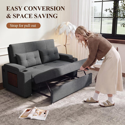 65'' Convertible Futon Sofa Bed, Fabric Pull Out Couch, Dark Grey10