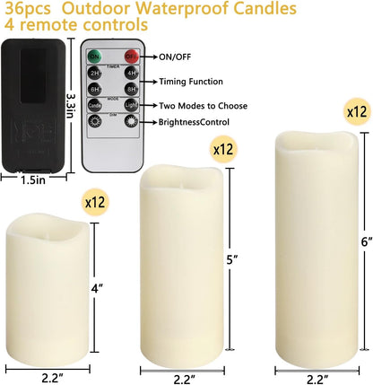 36 Pack Waterproof Flameless LED Candles - Outdoor Battery Operated Candles with Remote & Timer, Realistic Flickering Flame, Safe for Porch, Patio, Weddings, Parties & Home Decor5