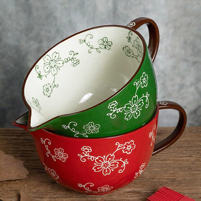 Cherry Blossom Pattern Kitchen Ceramic Mixing Bowl, 1 Quart Large Bowl, with Pouring Spout and Handle4