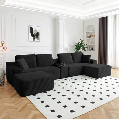 150 Inch Modular Sectional Sofa Couch, Oversized Modern Cloud Couch for Living Room, U Shape Couches with 2 Ottomans, USB Ports and Cup Holders, Black Corduroy Boneless Sofas, Sofa in a Box3