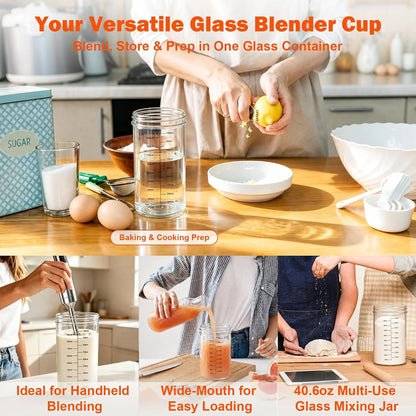 40Oz Immersion Blender Glass Cup 1200Ml Blender Measuring Cup with 2 Lids Wide Mouth Glass Measuring Beaker for Hand Blender Immersion Blending Jar Mixing Cup for Kitchen Home (NO BLENDER)6