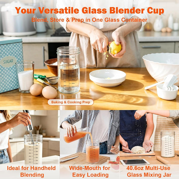 40Oz Immersion Blender Glass Cup 1200Ml Blender Measuring Cup with 2 Lids Wide Mouth Glass Measuring Beaker for Hand Blender Immersion Blending Jar Mixing Cup for Kitchen Home (NO BLENDER)6