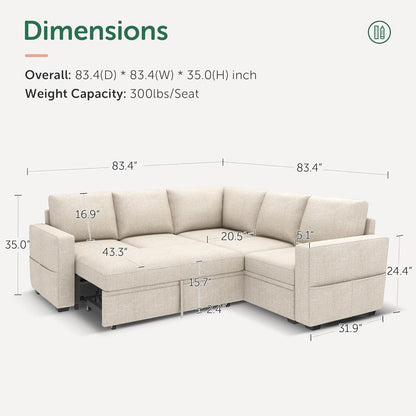 Modular Sectional Sleeper Sofa with Pull Out Bed, L Shaped Couch with Storage Seat, Convertible Sectional Couches for Living Room, Beige2