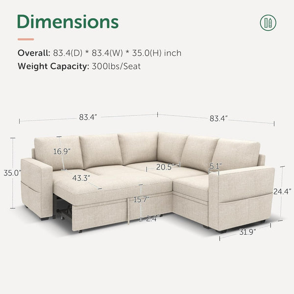 Modular Sectional Sleeper Sofa with Pull Out Bed, L Shaped Couch with Storage Seat, Convertible Sectional Couches for Living Room, Beige2