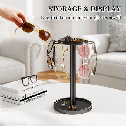 360° Rotating Sunglasses Organizer, Glasses Holder with Organizer Tray | Stainless Steel Eyeglasses Holder with Storage Base for Dresser, Desk Table, Nightstand & Home Decor, Black7
