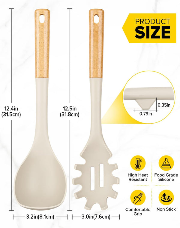 Silicone Soup Ladle and Spaghetti Spoon Set with Wooden Handle, Non Stick Heat Resistant Kitchen Utensils for Cooking, Stirring, Serving Pasta, Soup & Sauce(Khaki)3