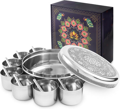 Designer Spice Container Masala Dabba, 7 Spice Jars, Holds 7 Spices, Spice Container Box, Polished Stainless Steel with 7 Serving Spoons, Indian Masala Dabba with Lid, 8 Inch9