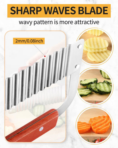 Crinkle Cutter Stainless Steel Potato Slicer Heavy Duty Wavy Crinkle Cutting Chopping Tools with Wooden Handle for Carrot Veggies | Heavy Duty Wooden Handle Sharp and Deep Waves Crinkle Cutting for Carrot Zucchini Pickled Cucumber Dishwasher Safety4